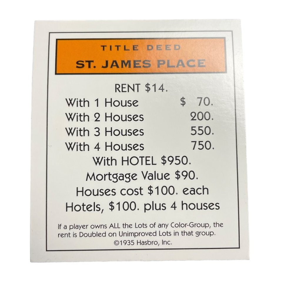 Monopoly Classic St James Place Property Title Deed Card Replacement  Replacemen
